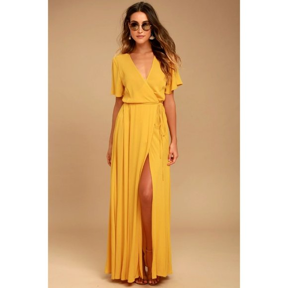 Lulus Dresses & Skirts - Lulus Much Obliged Golden Yellow Wrap Maxi Dress Women's Size M